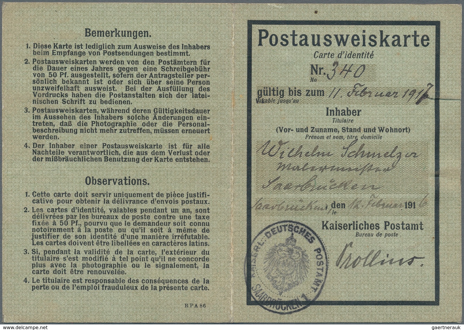 Deutsche Abstimmungsgebiete: Saargebiet - Besonderheiten: 1916, 50 Pf Germania Entwertet Mit DBS "SA - Covers & Documents