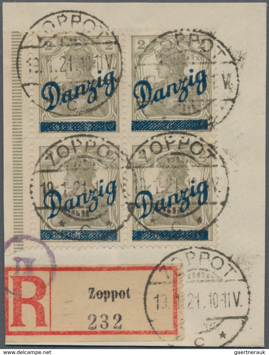 Danzig: 1921. Kleiner Innendienst 2 Pf Im SR-4er-Block Auf Briefstück Mit R-Zettel "Zoppot 232" Und - Other & Unclassified