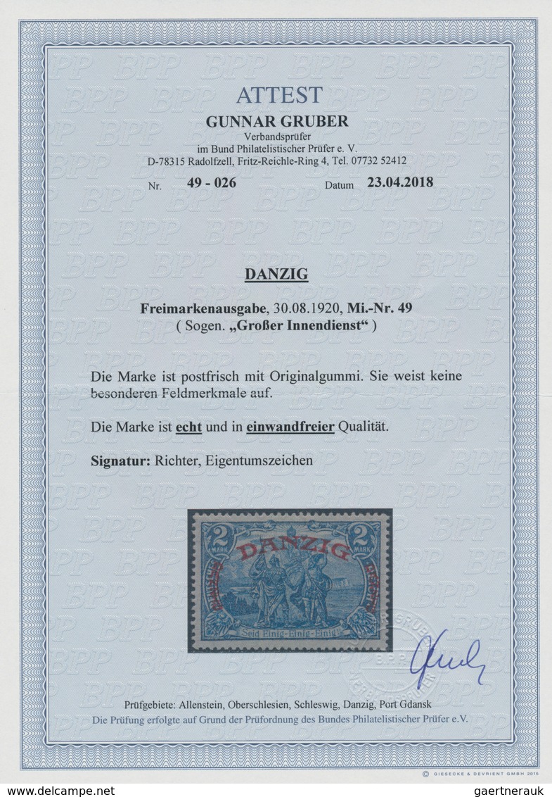 Danzig: 1920, 2 M. Großer Innendienst, Postfrisches Kabinettstück, Fotoattest Gruber BPP: "...echt U - Andere & Zonder Classificatie
