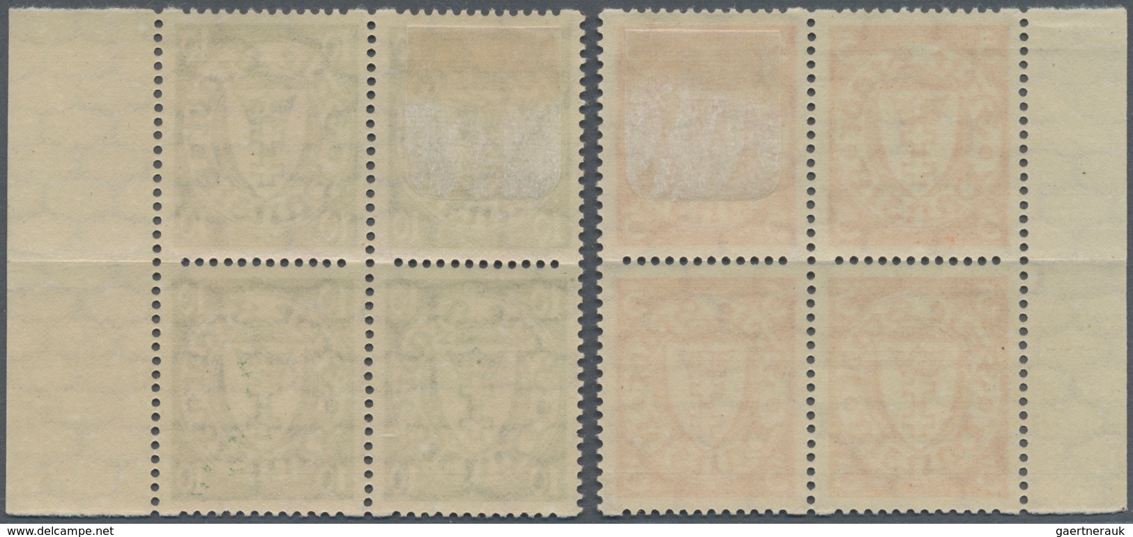 Danzig: 1932, 5 Und 10 Pfg. Wappen Mit Rollenzähnung Je Im Viererblock Vom Seitenrand. Eine Marke Ob - Other & Unclassified