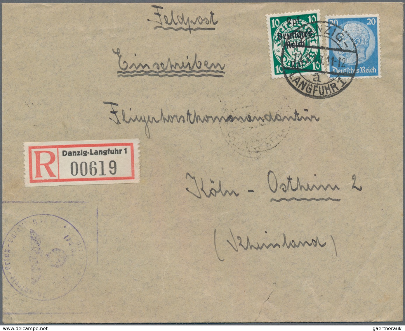 Danzig: 1940, Feldpost-R-Brief Von Danzig-Langfuhr 1 Nach Köln Mit 30 Pf Dt. Reich-Marken Für Die Ei - Other & Unclassified