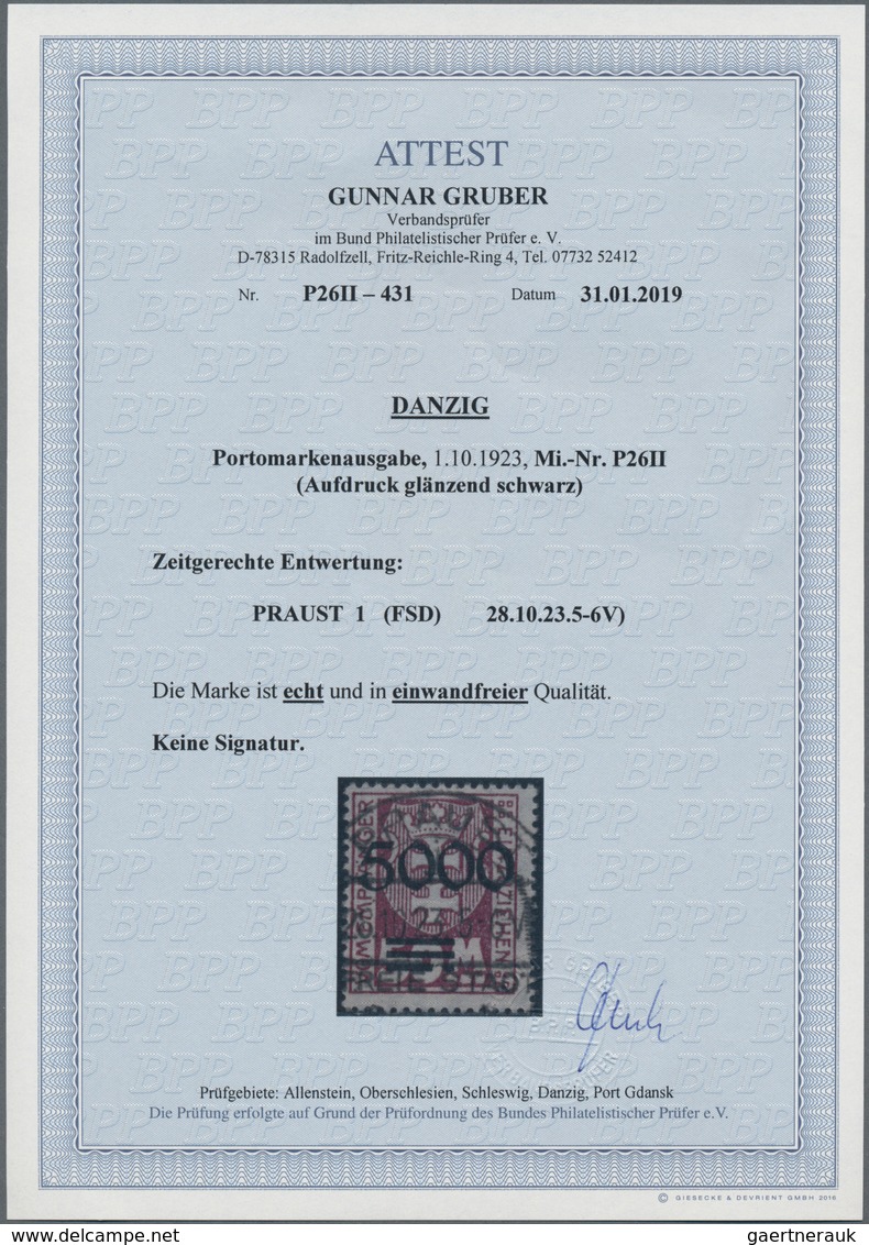 Danzig - Portomarken: 1923, 5.000 M Aufdruck Matt Glänzend Sauber Gestempelt "PRAUST", Echt Und Einw - Andere & Zonder Classificatie