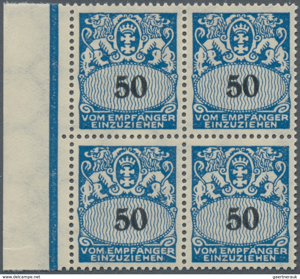 Danzig - Portomarken: 1934, 50 Pfg Portomarke Im Postfrischen Viererblock Vom Linken Bogenrand, Dabe - Sonstige & Ohne Zuordnung