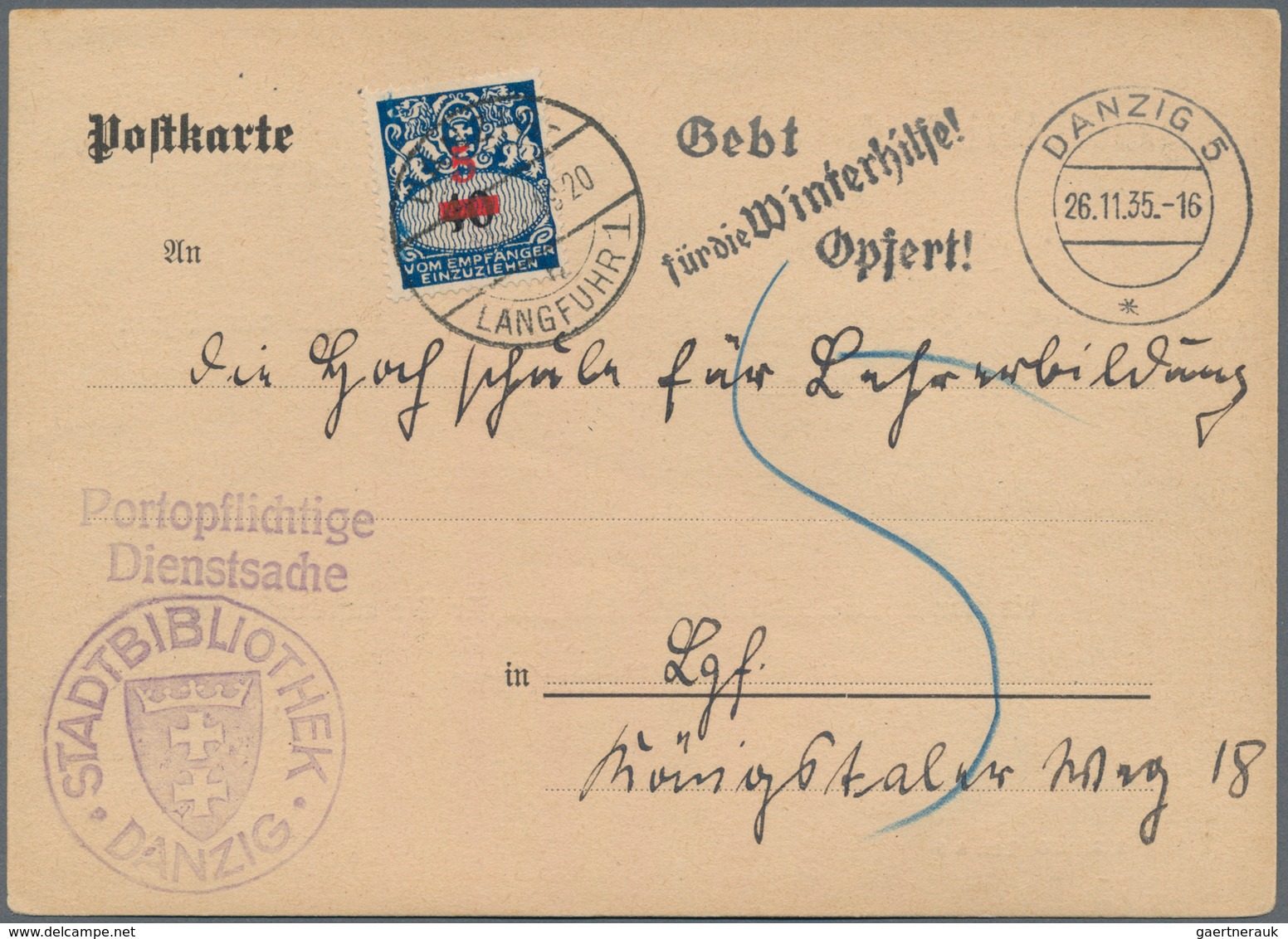 Danzig - Portomarken: 1935, Portomarke 5 Auf 40 Pfg. Als Nachporto Auf "Portopflichtiger Dienstache" - Andere & Zonder Classificatie
