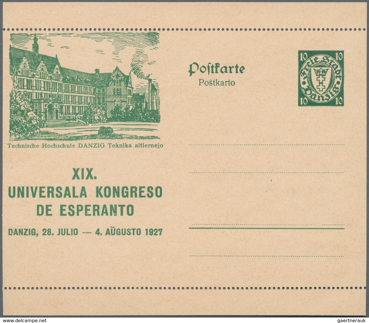 Danzig - Ganzsachen: 1927. Sonder-Bildpostkarte Zum 19. Esperanto-Kongress 10 Pf Grün Wappen Mit Abb - Andere & Zonder Classificatie