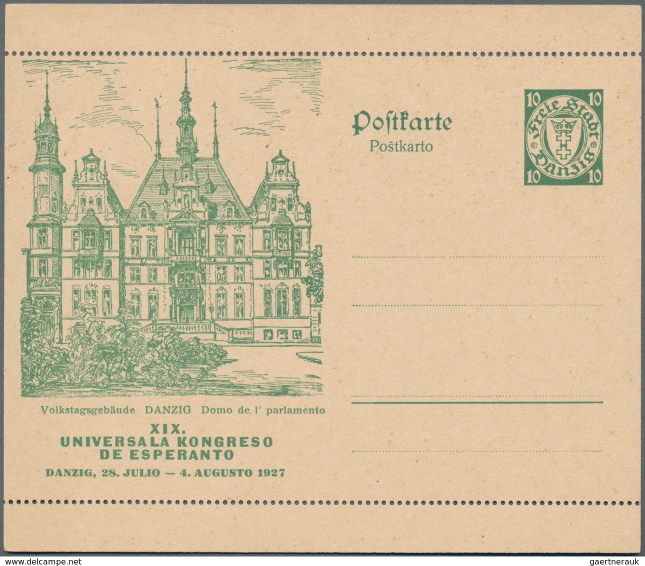 Danzig - Ganzsachen: 1927. Sonder-Bildpostkarte Zum 19. Esperanto-Kongress 10 Pf Grün Wappen Mit Abb - Andere & Zonder Classificatie