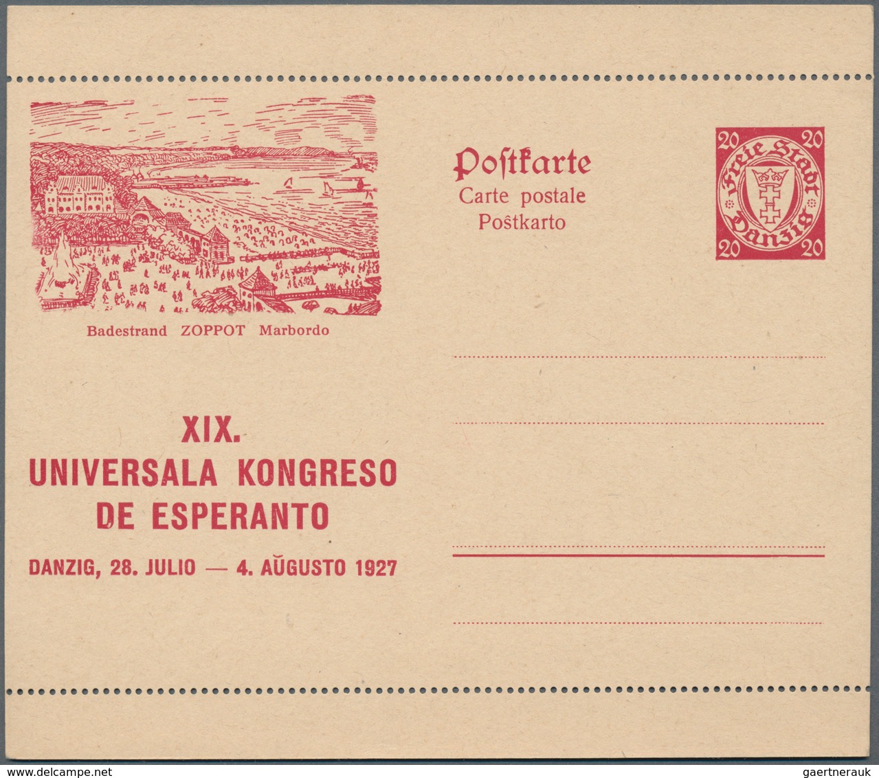 Danzig - Ganzsachen: 1927. Sonder-Bildpostkarte Zum 19. Esperanto-Kongress 20 Pf Rot Wappen Mit Abbi - Andere & Zonder Classificatie