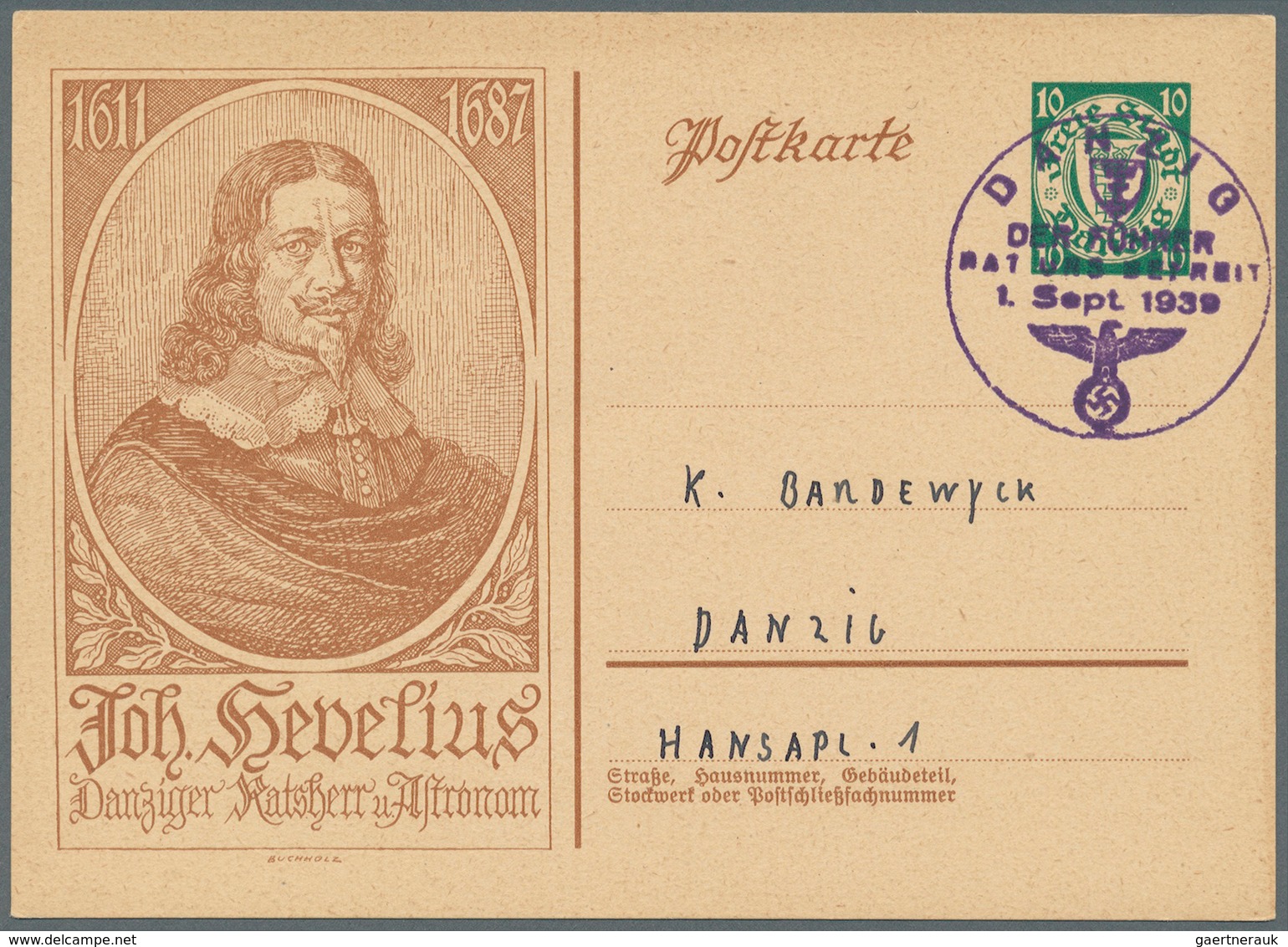 Danzig - Ganzsachen: 1939, Postkarte 10 Pf Blaugrün Wappen, Vs. Links Abb. "Hevelius", Karte Mit Bla - Andere & Zonder Classificatie