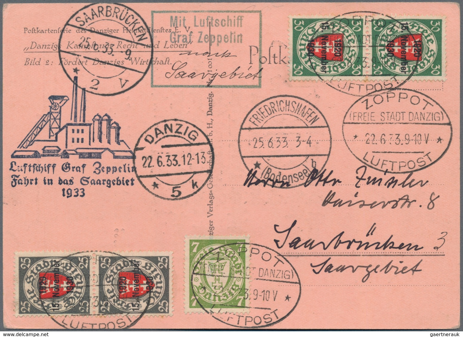 Danzig - Flugpost: 1933, FAHRT IN DAS SAARGEBIET, Dekorative Rosa Karte (Rs. "Fördert Danzigs Wirtsc - Autres & Non Classés