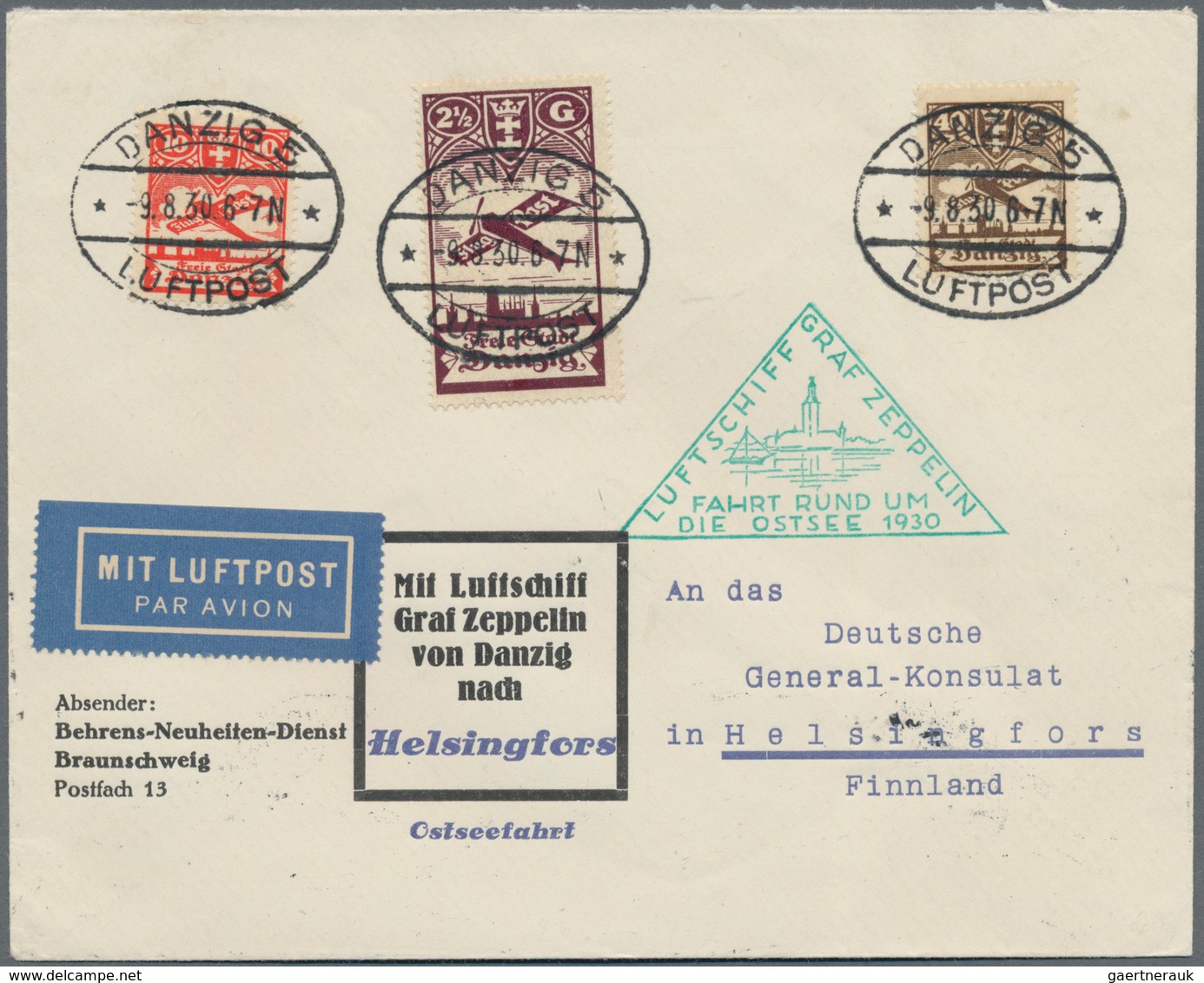 Danzig - Flugpost: 1930, OSTSEEFAHRT, Umschlag Ab "DANZIG LUFTPOST 9.8.30" Mit 20 Und 40 Pfg Sowie 2 - Sonstige & Ohne Zuordnung