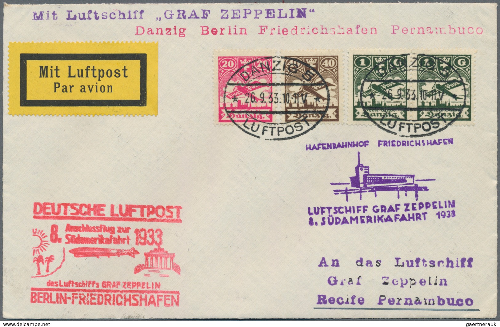 Danzig - Flugpost: 1933, 8. SÜDAMERIKAFAHRT, Brief Mit Anschlussflug Berlin-Friedrichshafen Ab DANZI - Other & Unclassified