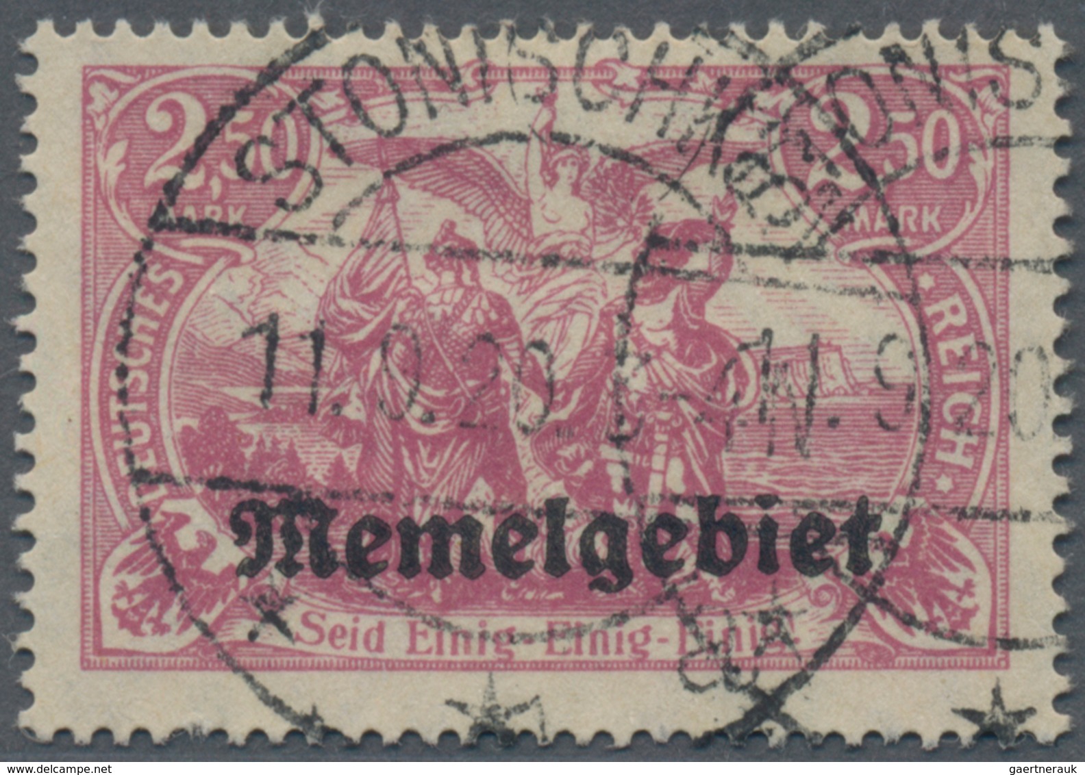 Memel: 1920, Freimarke 2,50 M Dunkelrosalila Mit Aufdruck, Entwertet "STONISCHKEN * * A 11.9.20. 3-4 - Memel (Klaipeda) 1923