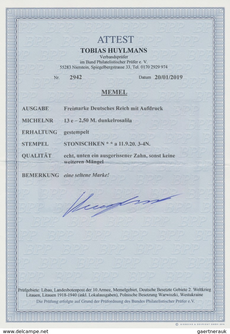 Memel: 1920, Freimarke 2,50 M Dunkelrosalila Mit Aufdruck, Entwertet "STONISCHKEN * * A 11.9.20. 3-4 - Memelgebiet 1923