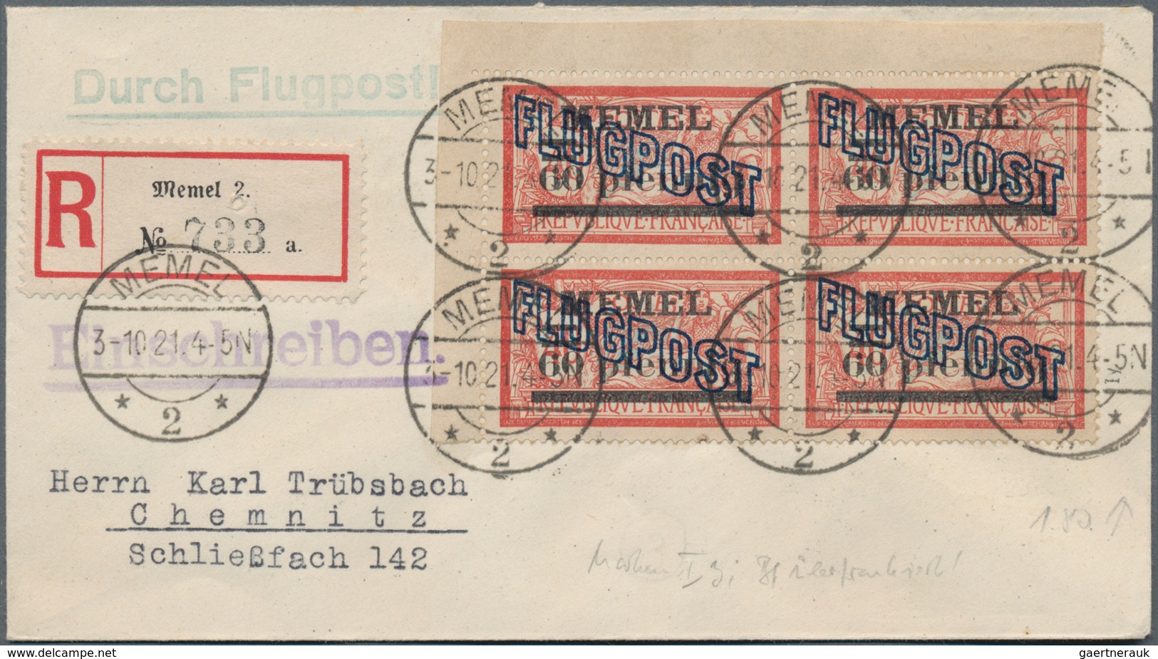 Memel: 1921. Flugpost 60 Pfg. Im ECKRAND-Viererblock Auf Sehr Sauberem Luftpost-R-Brief Von Memel Na - Memelland 1923