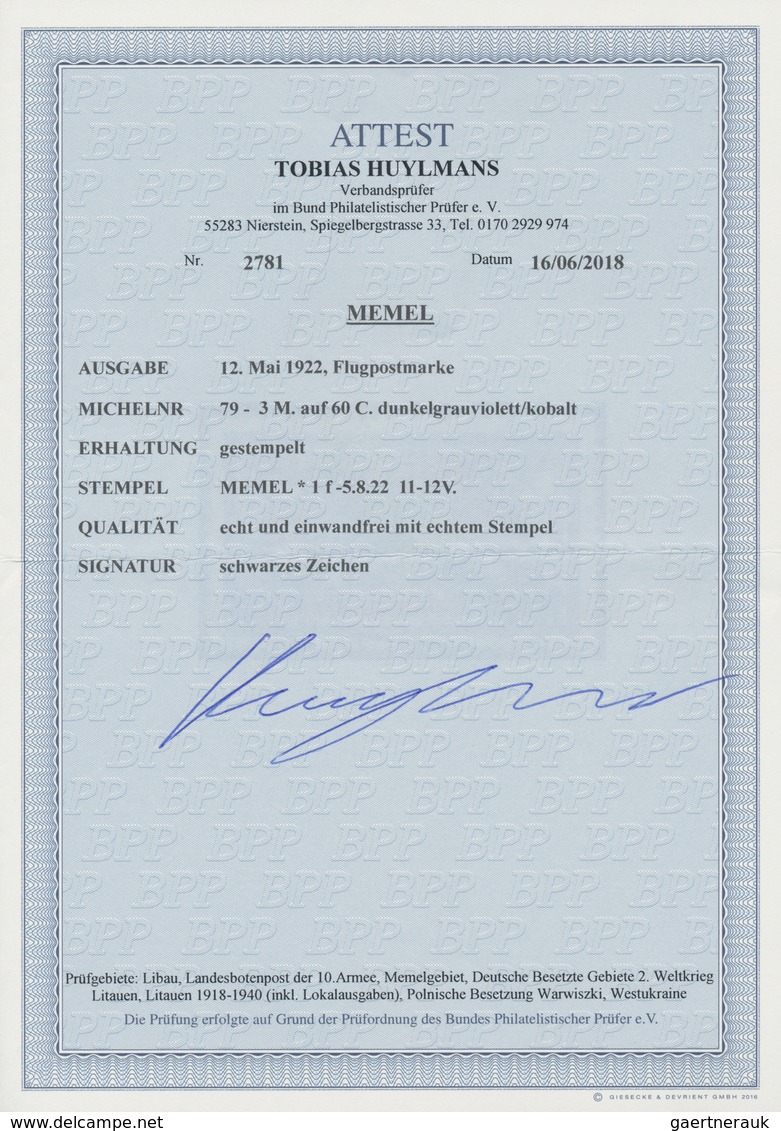 Memel: 1922, 3 M. Aufdruck „Flugpost”, Perfekt Zentriertes Und Gezähntes, Zentrisch Gestempelt Stück - Memelgebiet 1923