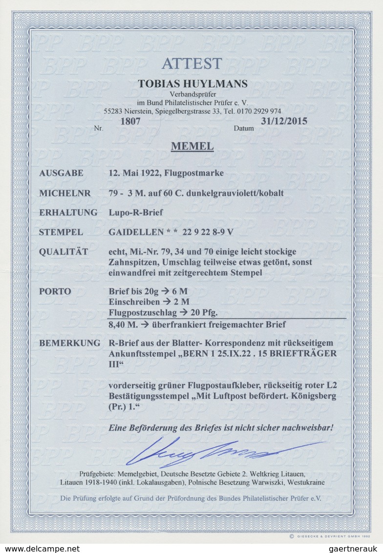 Memel: 1922, 3 M. Auf 60 C. Flugpost Und Andere Auf Lupo-R-Brief Ab "GAIDELLEN * * 22 9 22 8-9V", Ei - Memel (Klaipeda) 1923