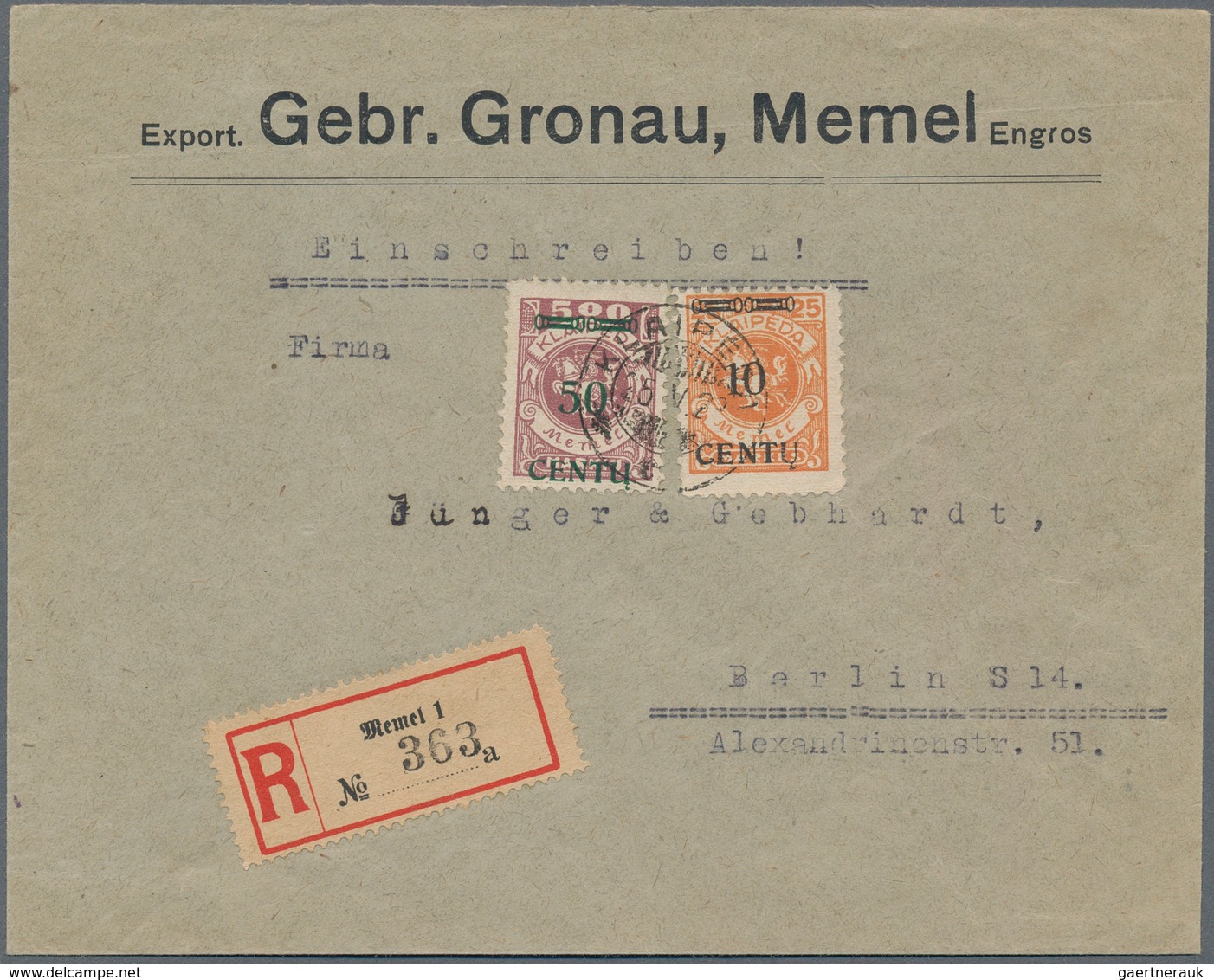 Memel: 1923. Lot Von 3 Sauberen Briefen, Dabei 2 R-Briefe. Mi.-Wert über 350,- Euro. - Memel (Klaipeda) 1923