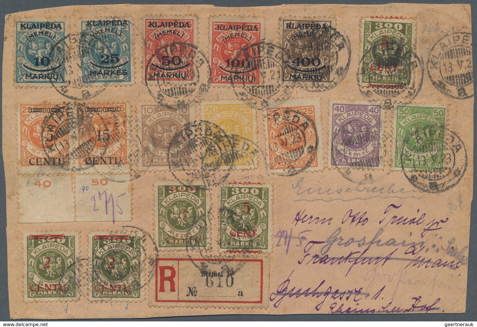 Memel: 1923 15 C. Auf 25 M. Lebhaftrötlichorange Mit Plattenfehler "Aufdruck "5" Statt 15" Zusammen - Memelland 1923