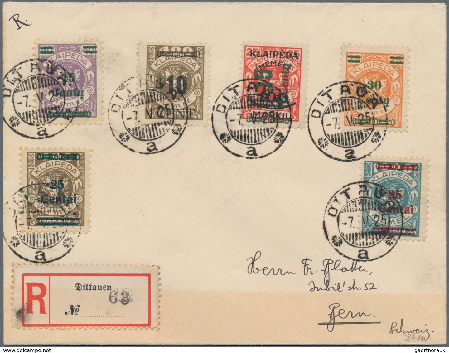 Memel: 1925. Portogerechter R-Brief In Die Schweiz, Ank.-Stpl. Bern, Leichter Tönungsstreifen, FA Hu - Memel (Klaipeda) 1923