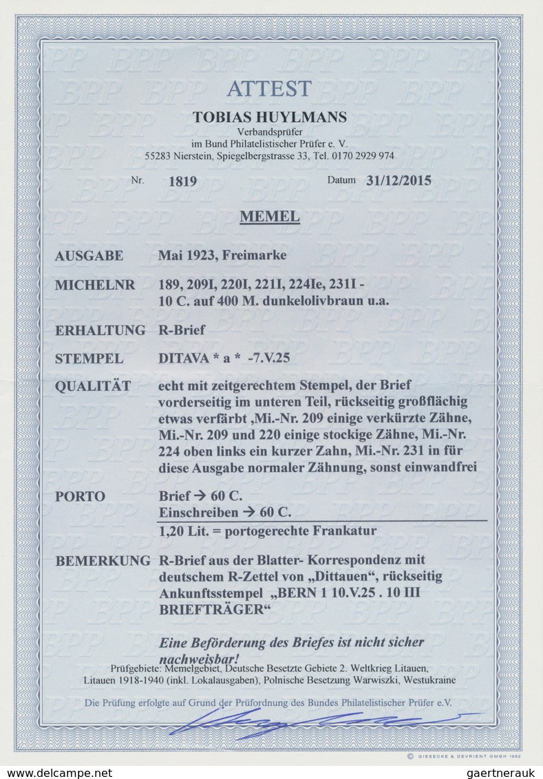 Memel: 1925. Portogerechter R-Brief In Die Schweiz, Ank.-Stpl. Bern, Leichter Tönungsstreifen, FA Hu - Klaipeda 1923