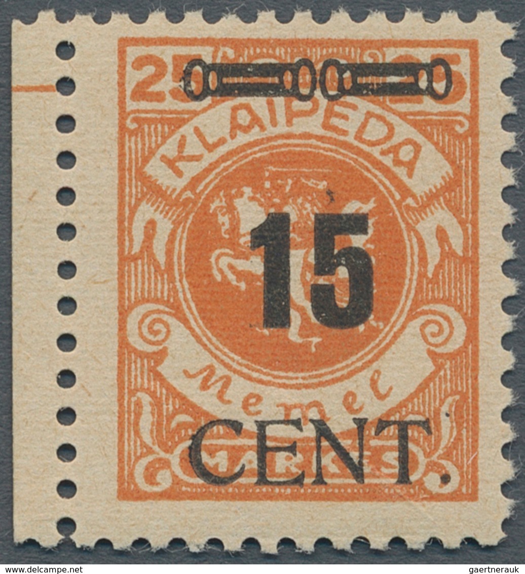 Memel: 1923, 15 C. Auf 25 Mark Lebhaftrötlichorange Postfrisch Vom Linken Bogenrand, Unten 2 Winzige - Klaipeda 1923