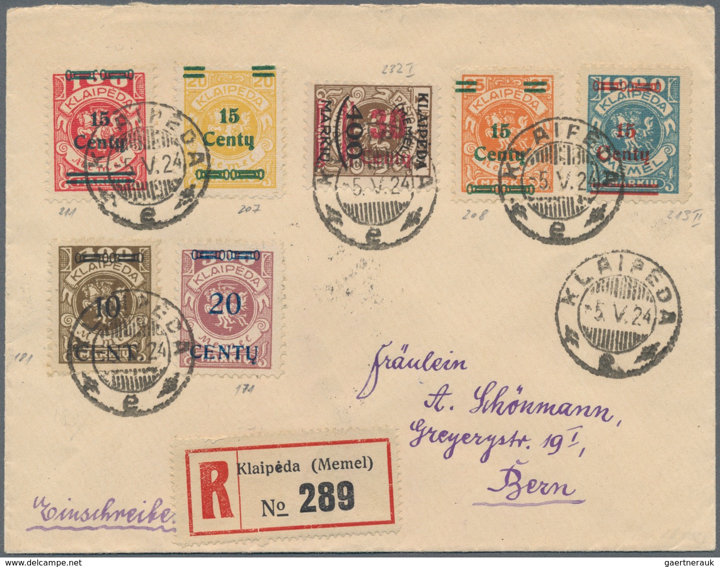 Memel: 1923, 15 C Auf 1000 M Grünlichblau, Type II, Zusammen Mit 6 Weiteren Verschiedenen Marken Als - Klaipeda 1923