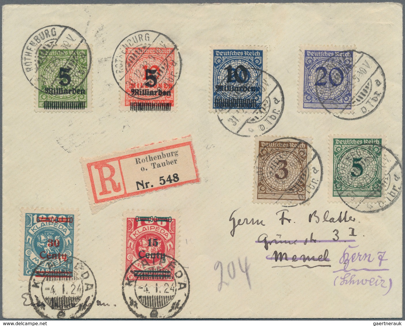 Memel: 1923: Luxus-R-Brief: DR-Mischfrankatur Infla Nr. 333A, 334A, 335A, Neue Währung 3 Pfg., 5 Pfg - Memelland 1923