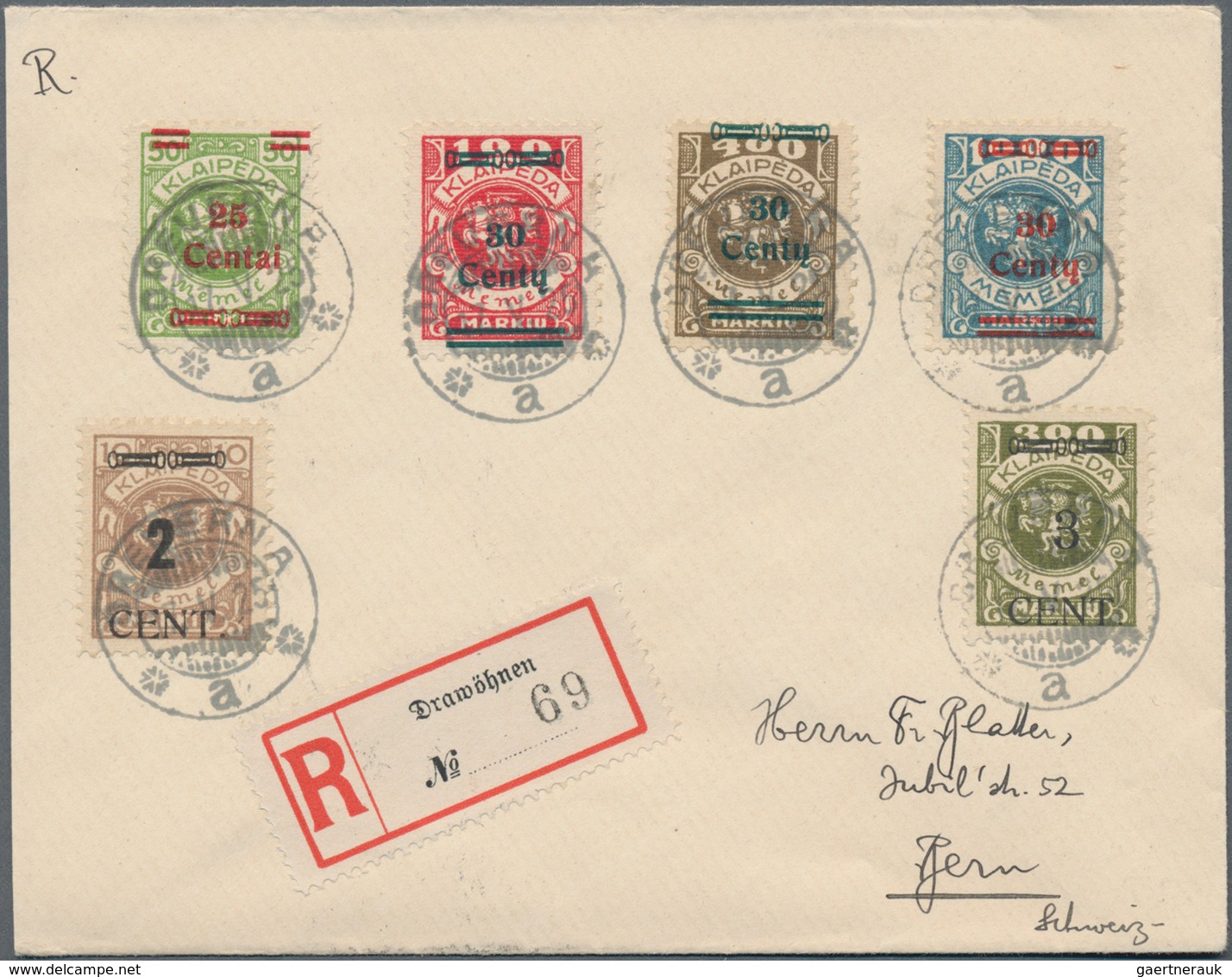 Memel: 1923, 30 C. Auf 1000 Mark Grünlichblau Und Andere Auf Ausgesucht Schönem Luxus-R-Brief, Porto - Memel (Klaïpeda) 1923