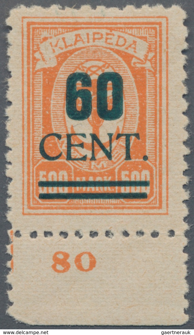 Memel: 1923, 60 C Auf 500 M Orange, Type I, Sog. "Grünaufdruck", Unterrandstück Von Feld 98, Herstel - Memel (Klaipeda) 1923