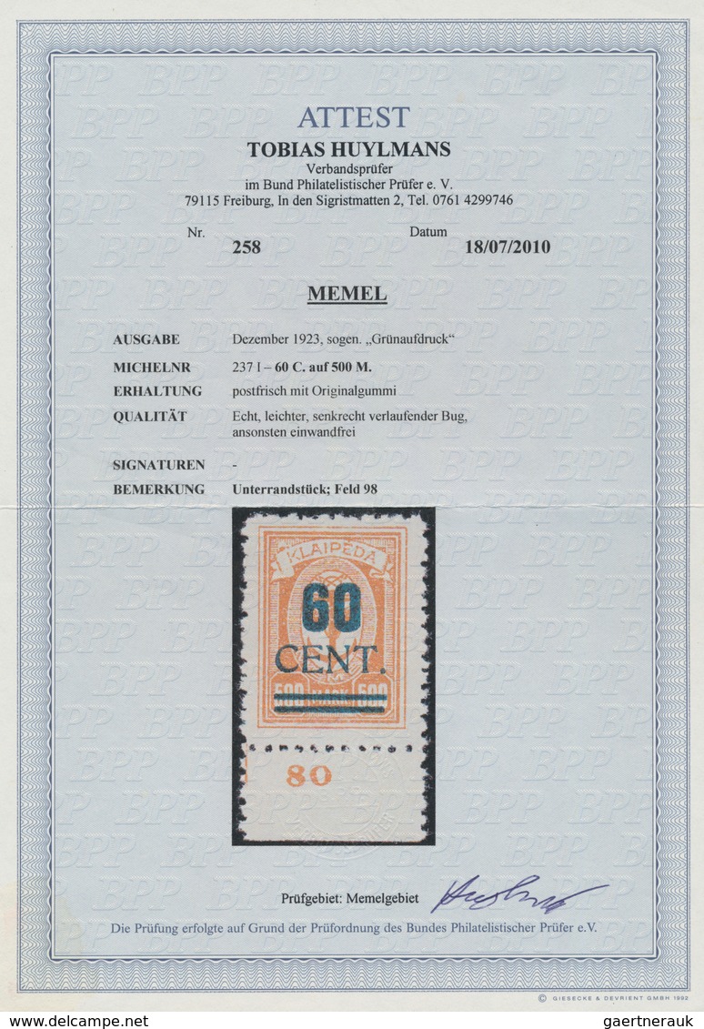 Memel: 1923, 60 C Auf 500 M Orange, Type I, Sog. "Grünaufdruck", Unterrandstück Von Feld 98, Herstel - Memelland 1923