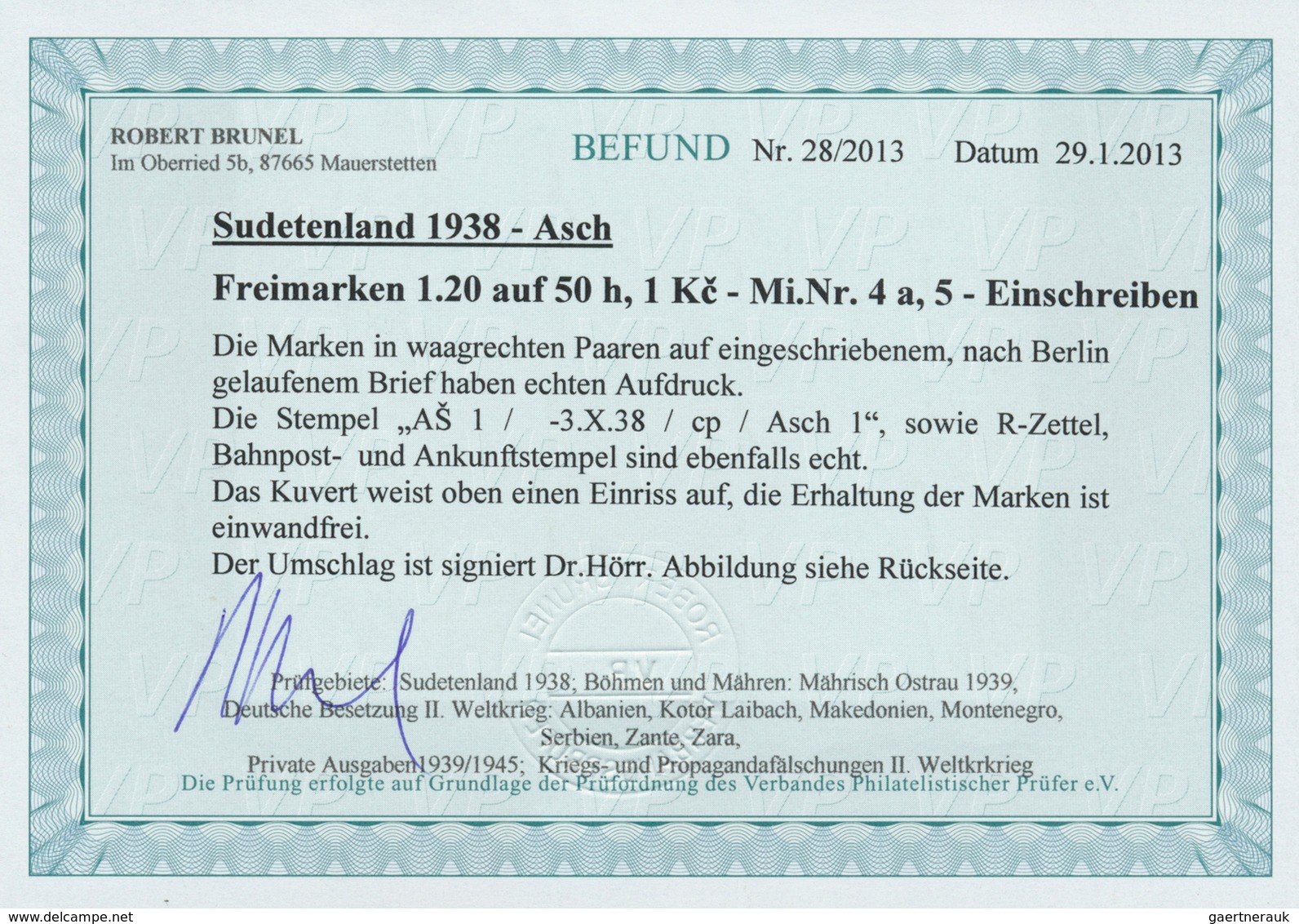 Sudetenland - Asch: 1938, Freimarken Mit Aufdruck Im Waagerechten Paar Auf R-Brief Von Asch Nach Ber - Sudetenland