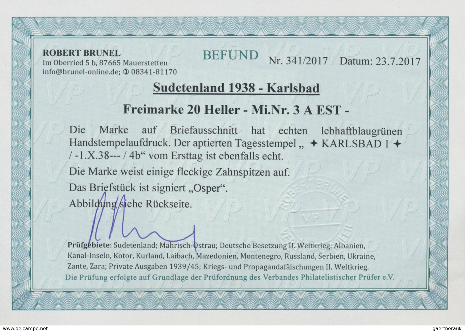 Sudetenland - Karlsbad: 1938, 20 H. Staatswappen Auf Briefstück Mit Ersttagsstempel "KARLSBAD 4 B 1. - Région Des Sudètes