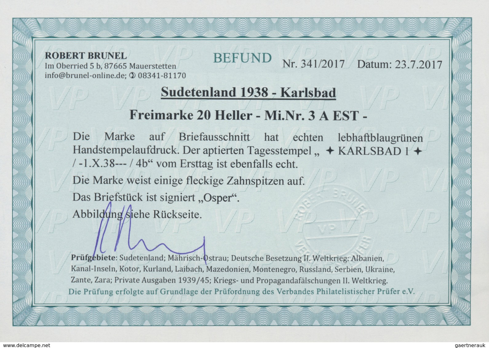 Sudetenland - Karlsbad: 1938, 20 H. Staatswappen Auf Briefstück Mit Ersttagsstempel "KARLSBAD 4 B 1. - Sudetenland