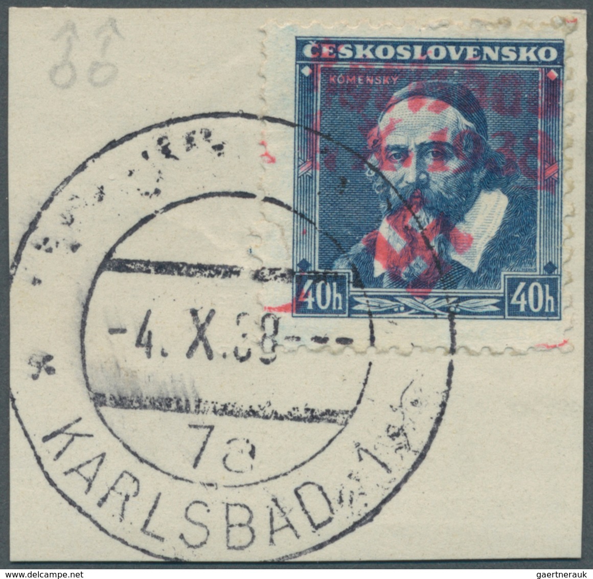 Sudetenland - Karlsbad: 1938, Freimarke 40 H Blau Mit DOPPELTEM Aufdruck Auf Sauberem Briefstück Mit - Sudetenland