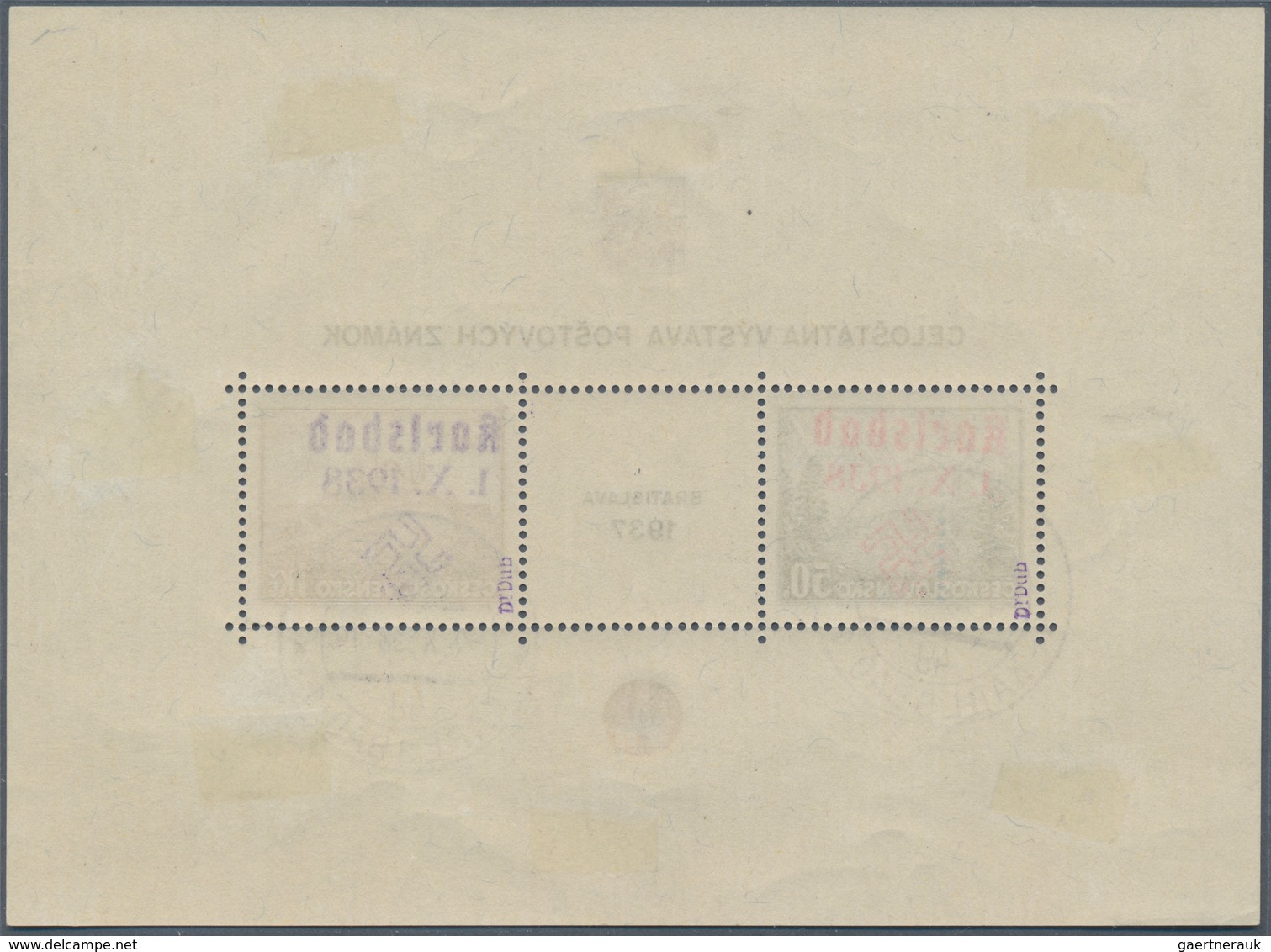 Sudetenland - Karlsbad: 1938, Blockausgabe Bratislava 1937 Mit Handstempelaufdruck "Karlsbad | 1.X.1 - Sudetenland