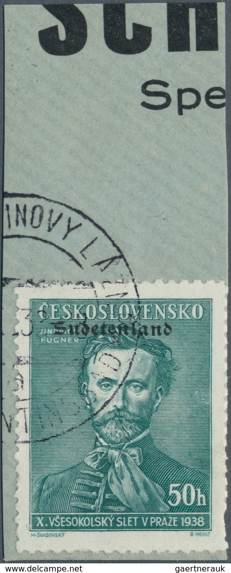 Sudetenland - Konstantinsbad: 1938, 50 Heller Fügner Auf Briefstück, Echt, Mit Zahnfehler Rechts Unt - Région Des Sudètes