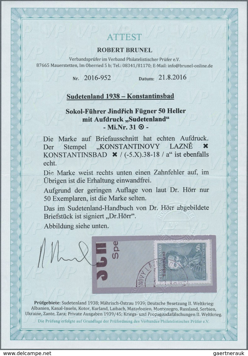 Sudetenland - Konstantinsbad: 1938, 50 Heller Fügner Auf Briefstück, Echt, Mit Zahnfehler Rechts Unt - Sudetenland