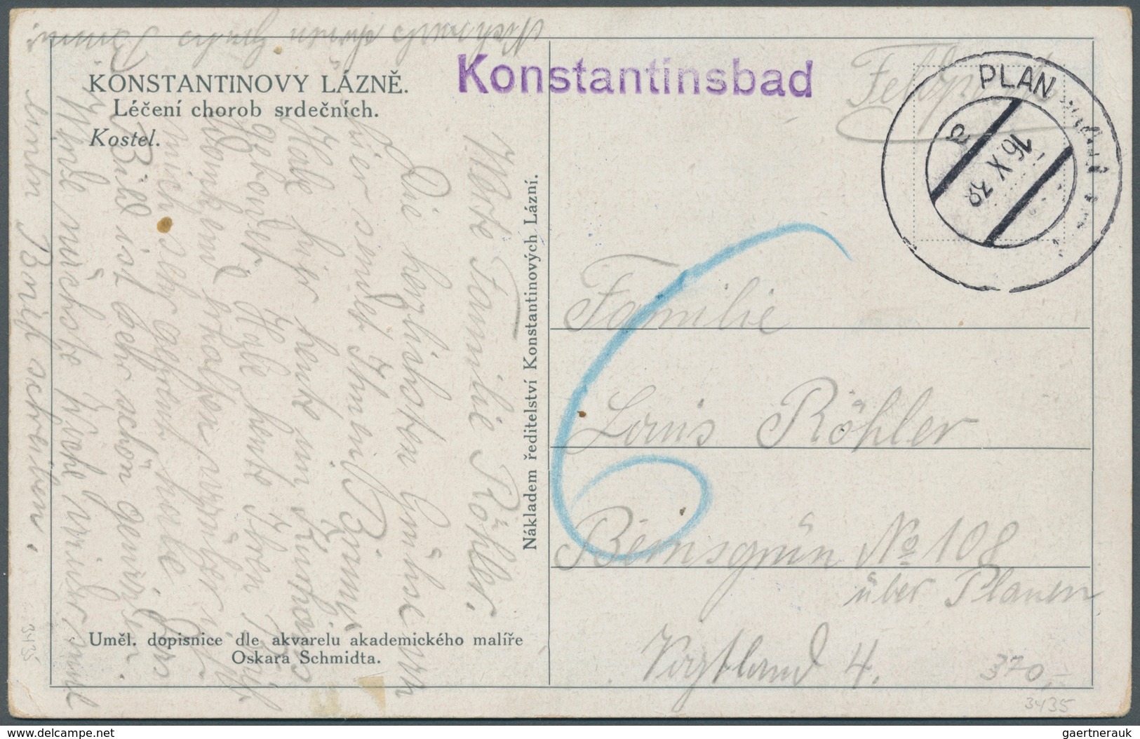 Sudetenland - Konstantinsbad: 16.10.1938 - Unfrankierte Colorpostkarte Nach Deutschland Mit Violette - Région Des Sudètes