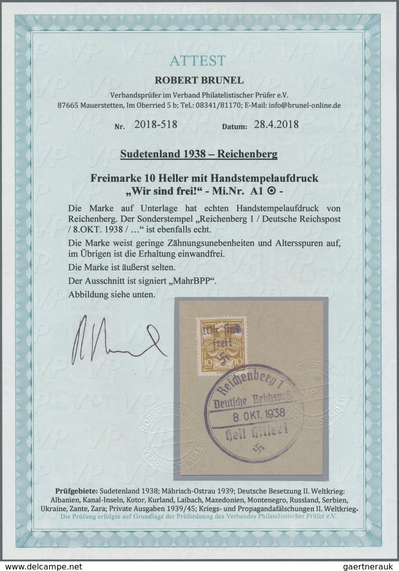 Sudetenland - Reichenberg: Freimarke "Taube Mit Band", 10 H Ockerbraun, Mit Handstempelaufdruck "Wir - Sudetenland