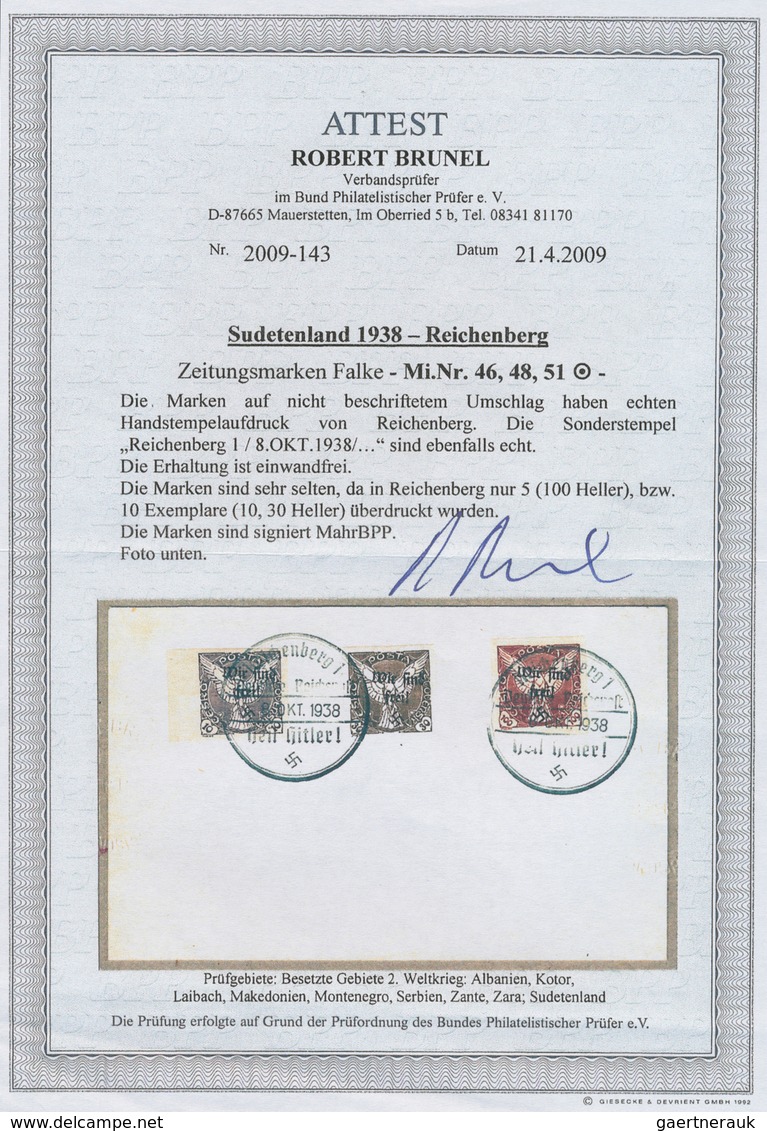 Sudetenland - Reichenberg: 1938, Zeitungsmarke Falke 10 H Mit Handstempelaufdruck Auf Briefstück, En - Région Des Sudètes