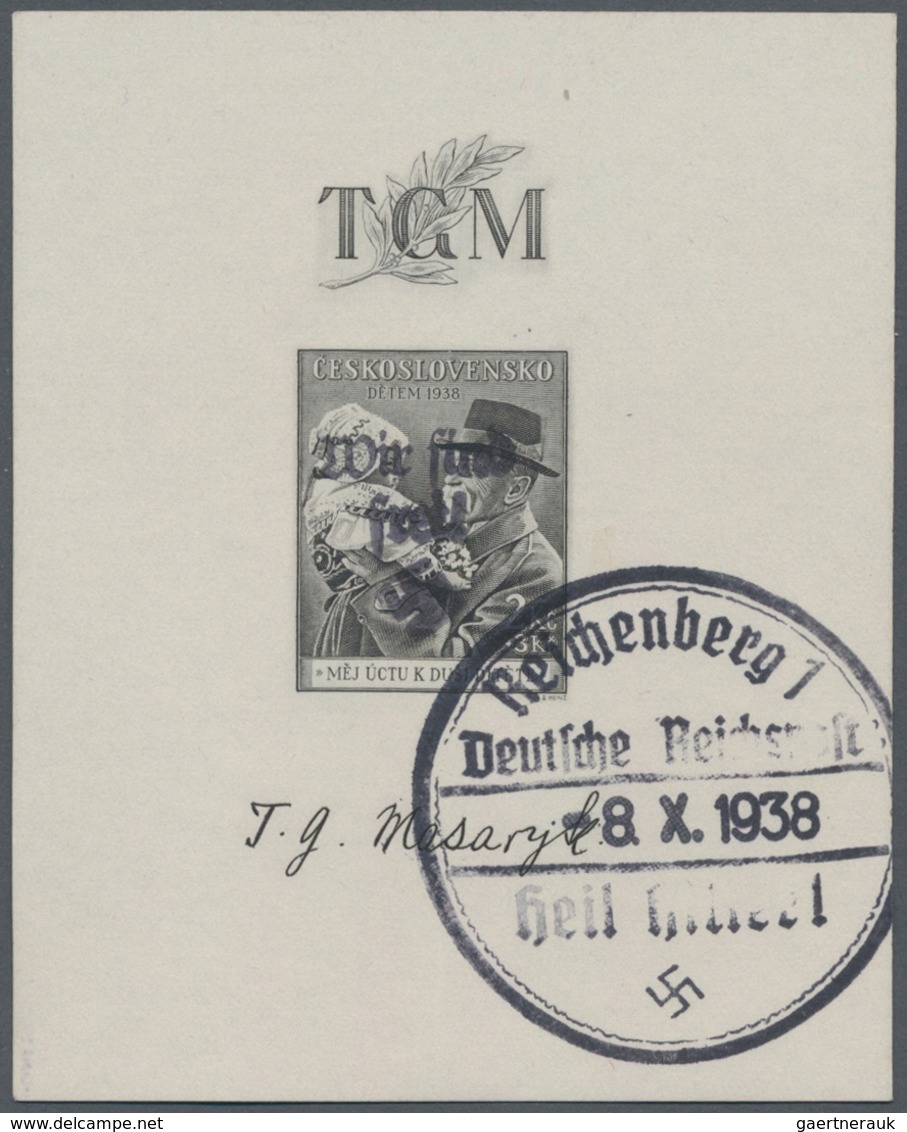 Sudetenland - Reichenberg: 1938. Masaryk Trauerblock Mit Handstempelaufdruck "Wir Sind Frei!". FA Br - Région Des Sudètes