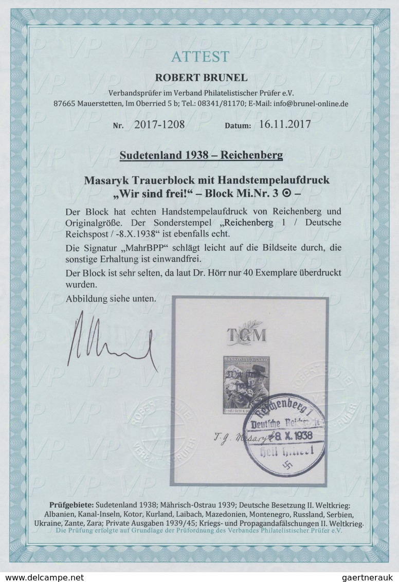 Sudetenland - Reichenberg: 1938. Masaryk Trauerblock Mit Handstempelaufdruck "Wir Sind Frei!". FA Br - Sudetenland