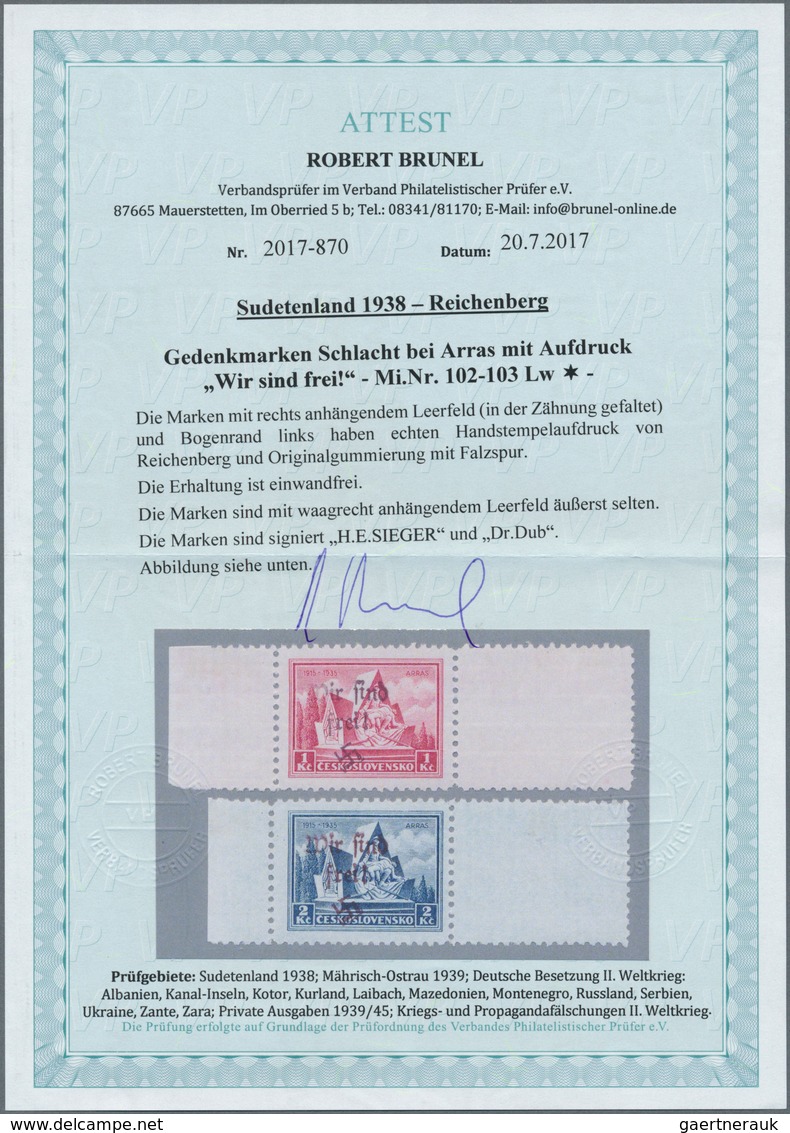 Sudetenland - Reichenberg: 1938, 1 Kc. Und 2 Kc. Gefallenendenkmal Mit Waagerechten Leerfeldern Rech - Région Des Sudètes