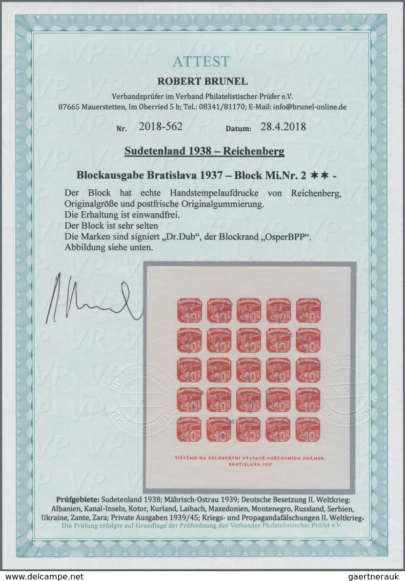 Sudetenland - Reichenberg: Blockausgabe "Briefmarkenausstellung Preßburg (Bratislava) 1937", POSTFRI - Région Des Sudètes