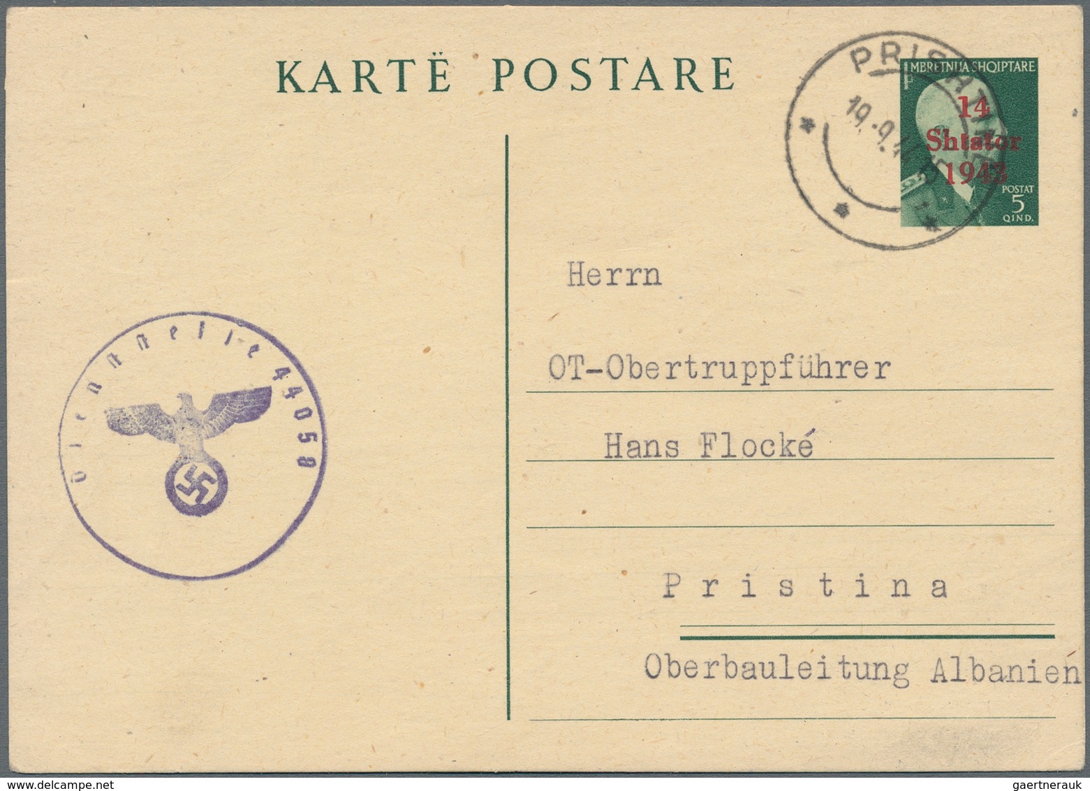 Dt. Besetzung II WK - Albanien - Ganzsachen: 1943, Postkarte 5 Quind Grün Mit Rotem Überdruck "14/Sh - Besetzungen 1938-45