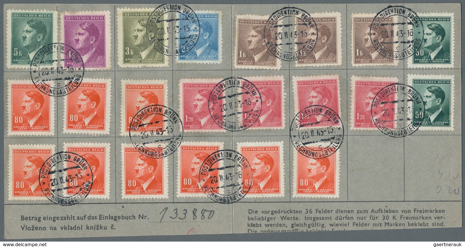 Dt. Besetzung II WK - Böhmen Und Mähren: 1943, Original POSTSPARKARTE Mit 22 Hitlermarken Gestempelt - Bezetting 1938-45