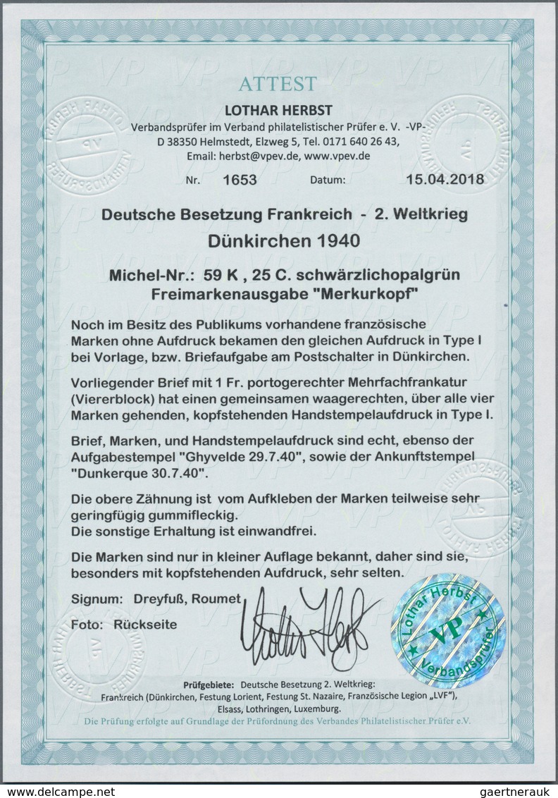 Dt. Besetzung II WK - Frankreich - Dünkirchen: 1940, 25 Pfg. Merkur Im Viererblock Mit KOPFSTEHENDEM - Besetzungen 1938-45