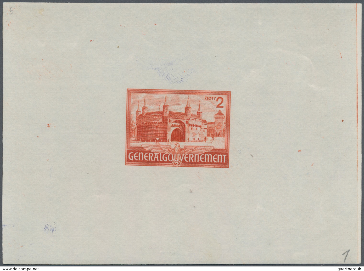 Dt. Besetzung II WK - Generalgouvernement: 1943, 2 Zl. Bauwerk Barbakan In Krakau, Probedruck In Rot - Bezetting 1938-45