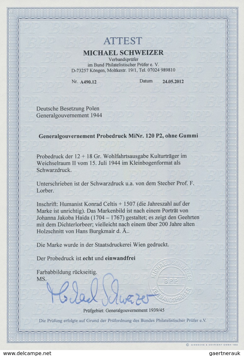 Dt. Besetzung II WK - Generalgouvernement: 1944, 12 + 18 Gr. Kulturträger, Probedruck In Schwarz Im - Besetzungen 1938-45