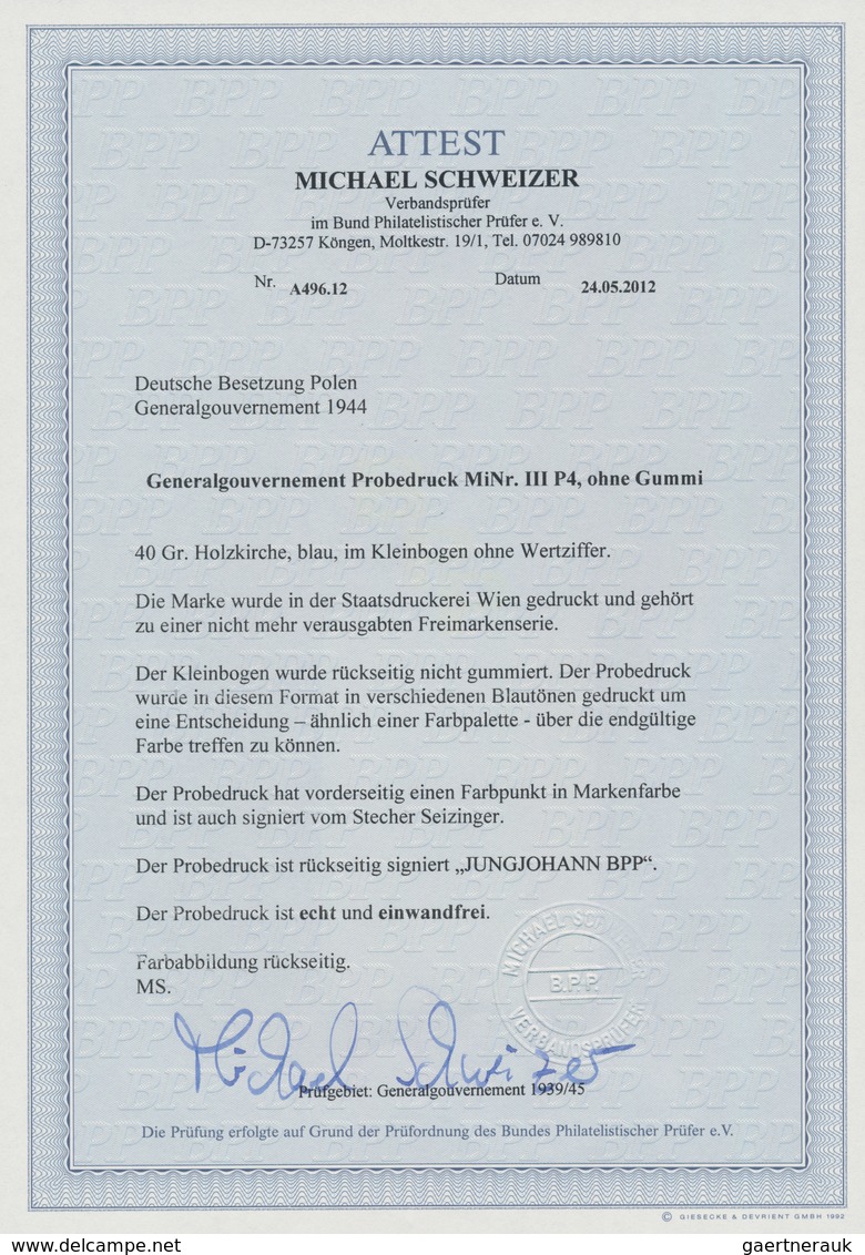 Dt. Besetzung II WK - Generalgouvernement: 1944, (40 Gr.) Holzkirche, Ungezähnter Probedruck In Blau - Bezetting 1938-45